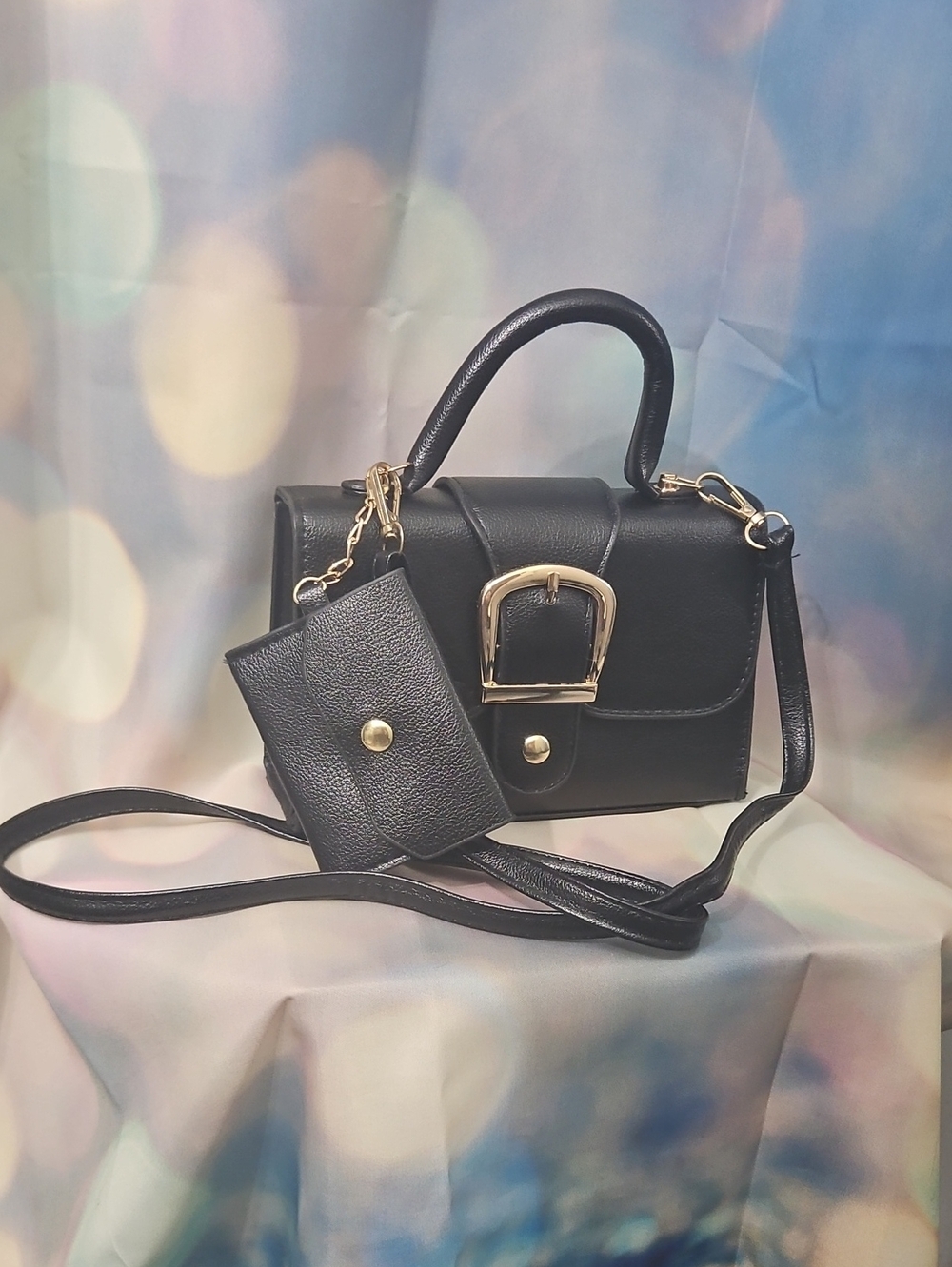 Black Top-Handle Crossbody Bag with Classic Gold Buckle Card Holder